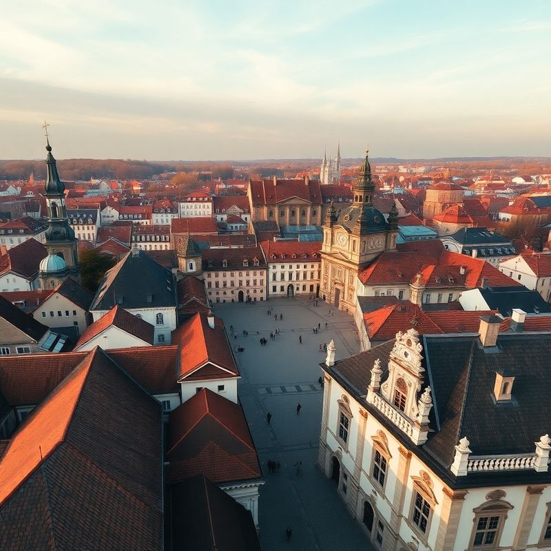 Letecký pohled na Velké náměstí v Hradci Králové v podvečerním světle